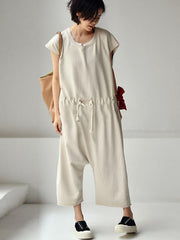 Plus Size - 100% Cotton Solid Color Drawstring Jumpsuits