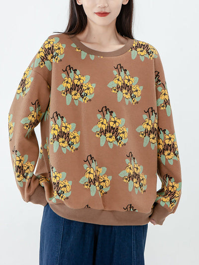 Plus Size - Cotton Women Floral Long Sleeve Sweatshirt