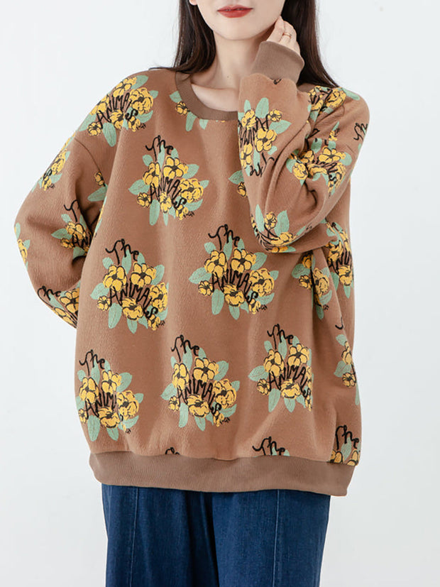 Plus Size - Cotton Women Floral Long Sleeve Sweatshirt