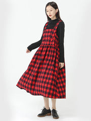 Plus Size - Cotton Women Top and Plaid Pinafore Dress