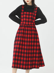 Plus Size - Cotton Women Top and Plaid Pinafore Dress