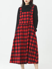 Plus Size - Cotton Women Top and Plaid Pinafore Dress