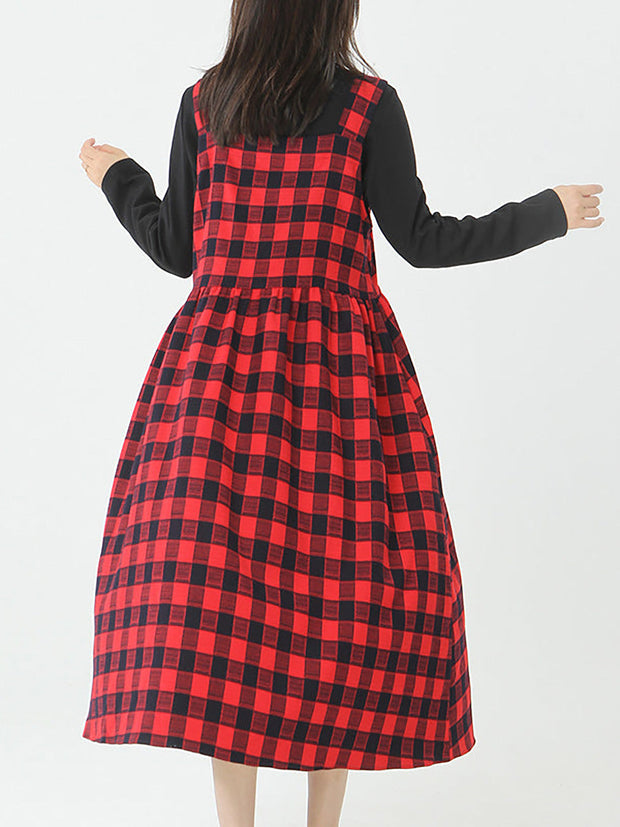 Plus Size - Cotton Women Top and Plaid Pinafore Dress