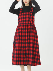 Plus Size - Cotton Women Top and Plaid Pinafore Dress