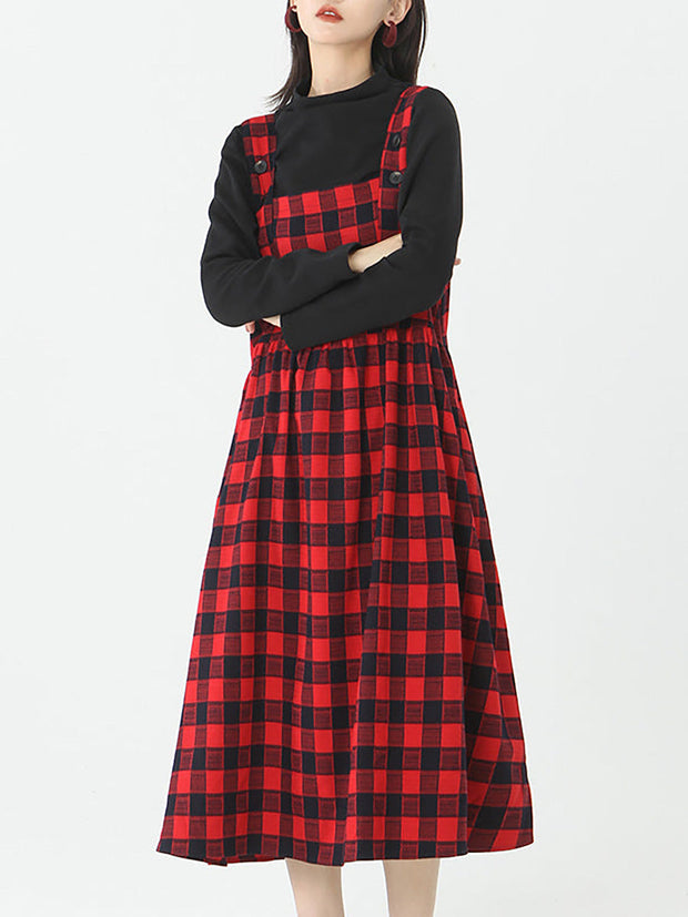 Plus Size - Cotton Women Top and Plaid Pinafore Dress