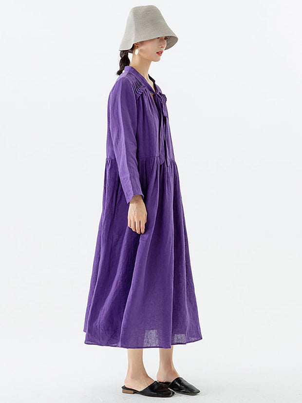 Plus Size - Linen Women Lace-up Pocket Long Sleeve Dress