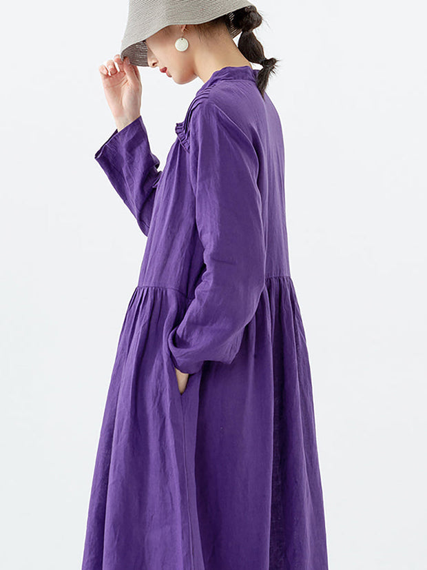 Plus Size - Linen Women Lace-up Pocket Long Sleeve Dress