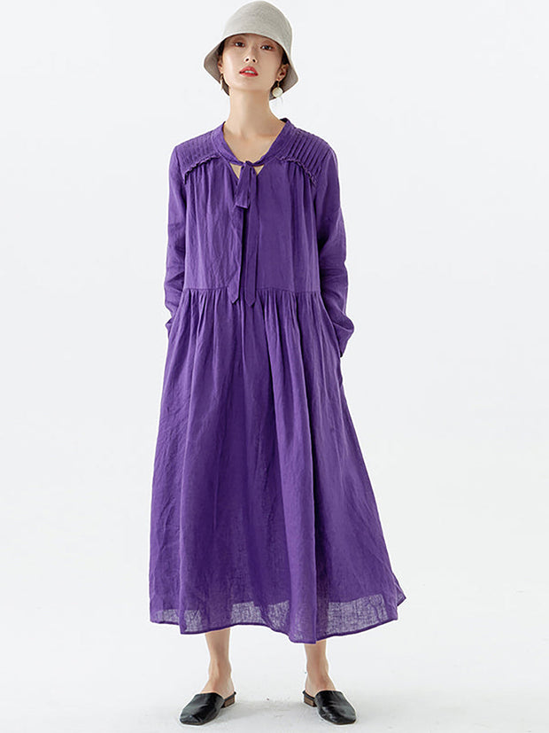 Plus Size - Linen Women Lace-up Pocket Long Sleeve Dress