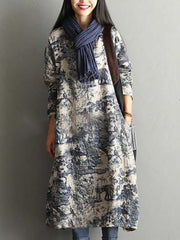 Women's Plus Size Floral Cotton Vintage Casual Loose Printing Maxi Dress