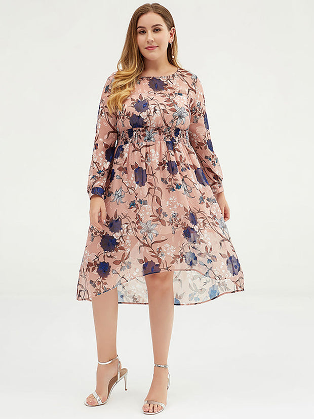 Plus Size Women Floral Chiffon Midi Dress With Belt