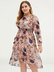 Plus Size Women Floral Chiffon Midi Dress With Belt