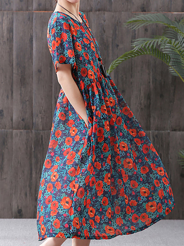 Plus Size - Floral Print Cotton Linen Loose A-Line Dress