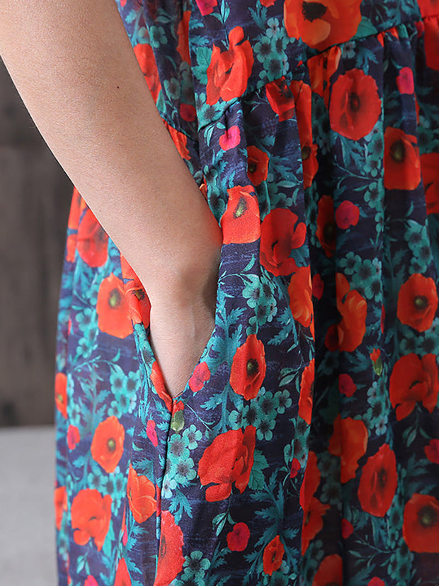 Plus Size - Floral Print Cotton Linen Loose A-Line Dress