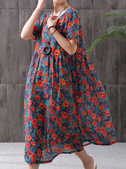 Plus Size - Floral Print Cotton Linen Loose A-Line Dress