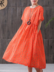 Plus Size - Floral Print Cotton Linen Loose A-Line Dress