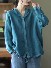 Plus Size - Ramie Hooded Drawstring Pocket Coat Top