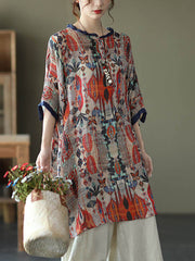 Plus Size - Ramie Floral Vintage Women Print Casual Shirt