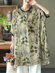 Plus Size - Ramie Floral Vintage Women Print Casual Shirt