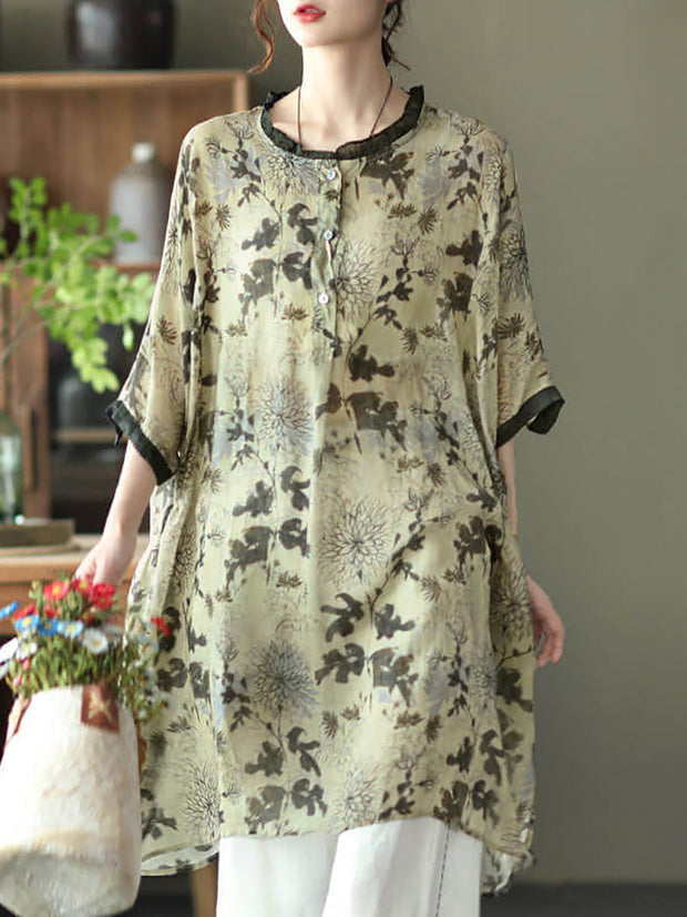 Plus Size - Ramie Floral Vintage Women Print Casual Shirt