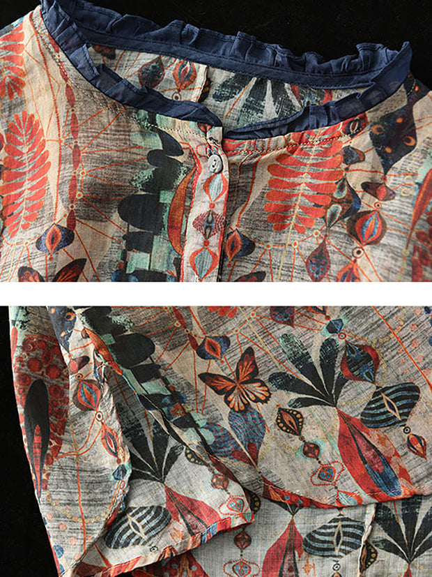 Plus Size - Ramie Floral Vintage Women Print Casual Shirt