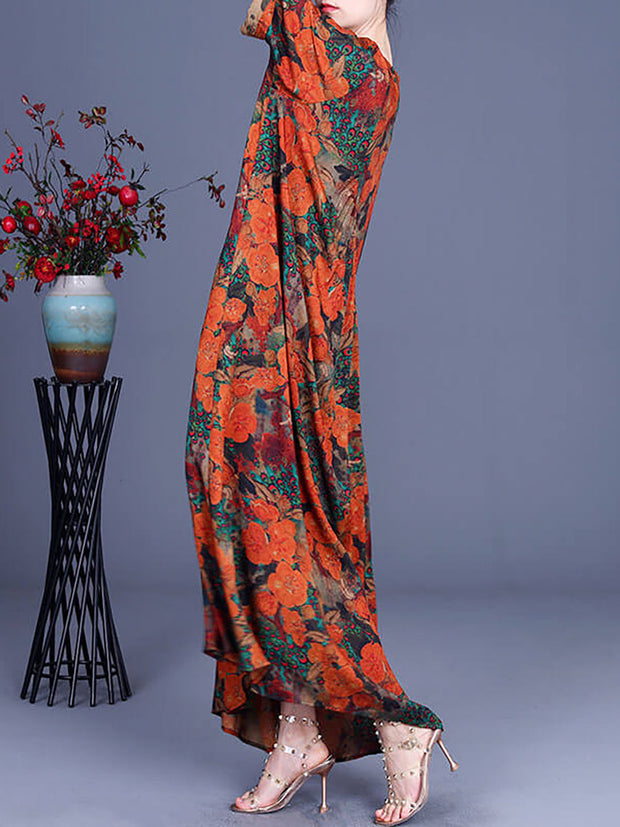 Plus-Size Women Floral Irregular Casual Vintage Maxi Dress