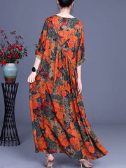 Plus-Size Women Floral Irregular Casual Vintage Maxi Dress