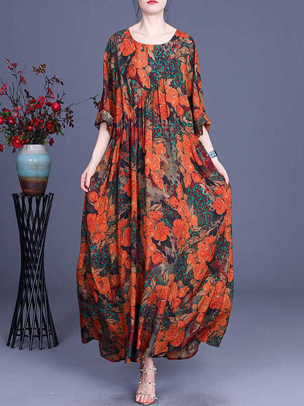 Plus-Size Women Floral Irregular Casual Vintage Maxi Dress
