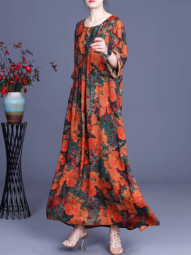 Plus-Size Women Floral Irregular Casual Vintage Maxi Dress