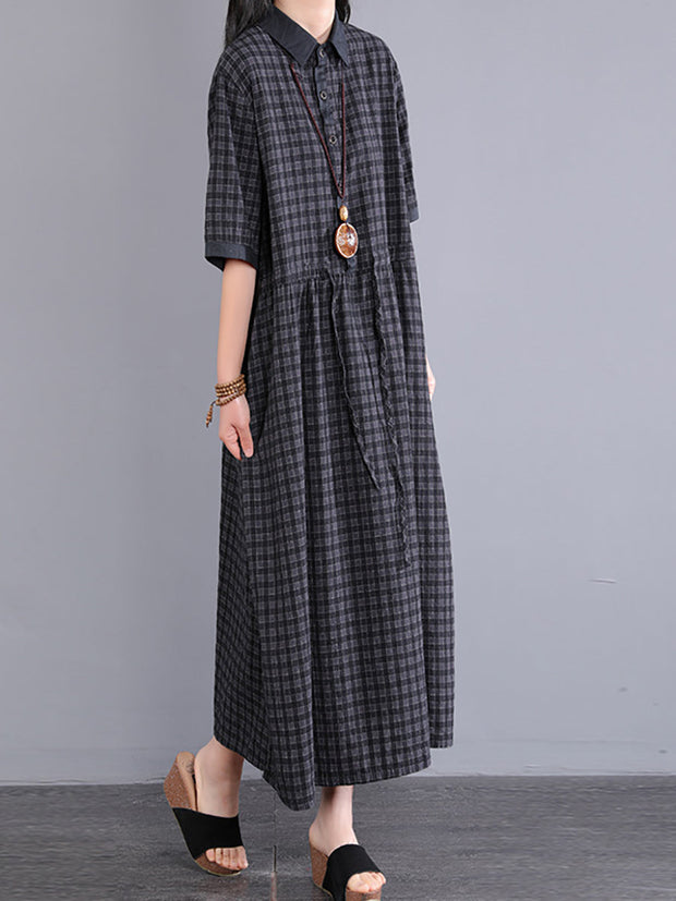 Plus Size Women Artsy Plaid Cotton Dress