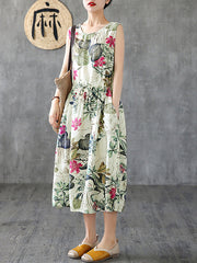 Plus Size - Summer Casual Floral Printed Cotton Sleeveless Pinafore Dress