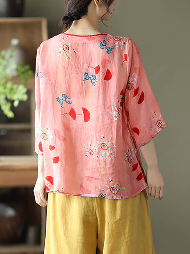 Plus Size Vintage Floral O-neck Women Ramie Shirt