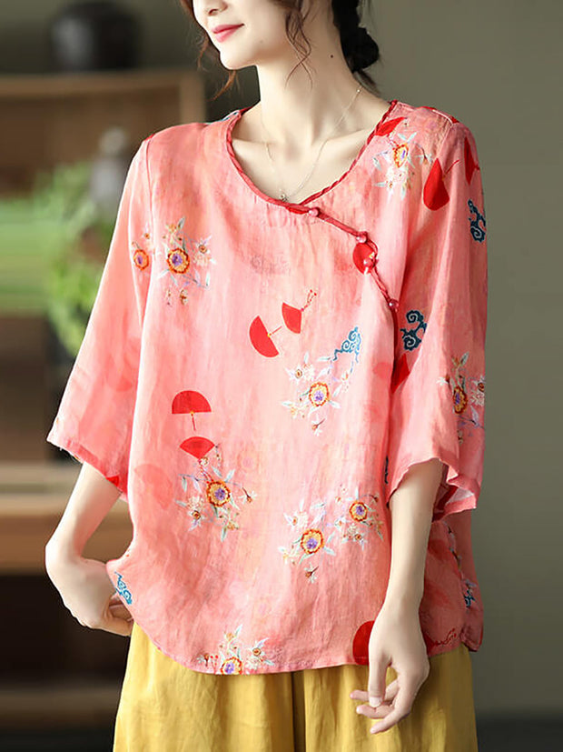 Plus Size Vintage Floral O-neck Women Ramie Shirt