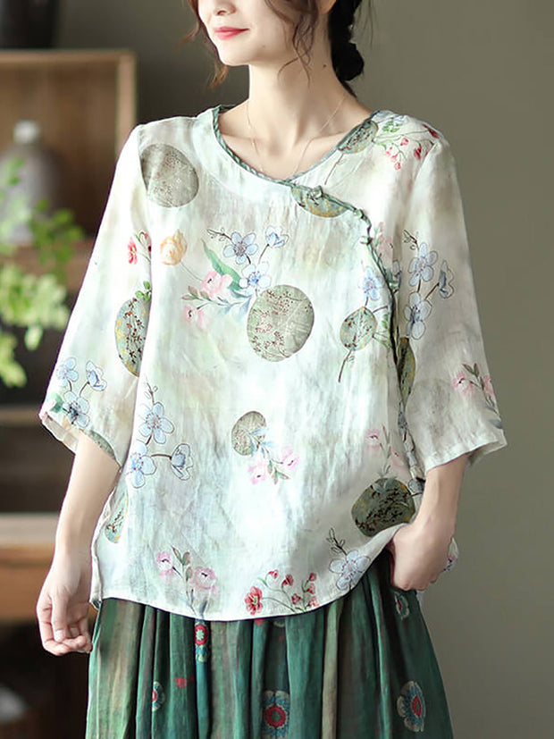 Plus Size Vintage Floral O-neck Women Ramie Shirt