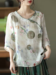 Plus Size Vintage Floral O-neck Women Ramie Shirt