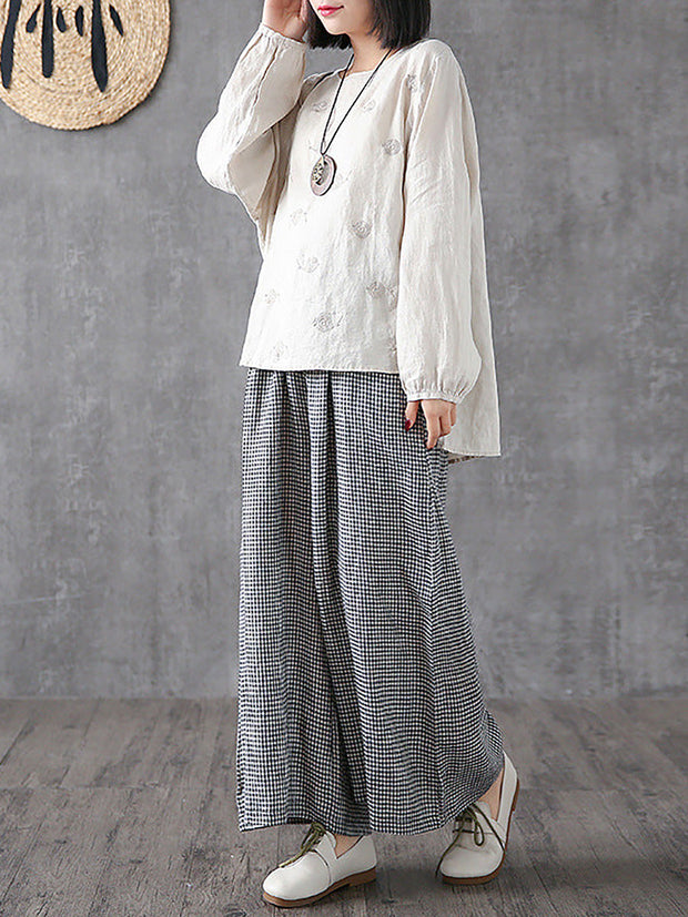 Plus Size- Buykud Hand-Made Plaid Linen  Wide Leg Pants