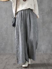 Plus Size- Buykud Hand-Made Plaid Linen  Wide Leg Pants