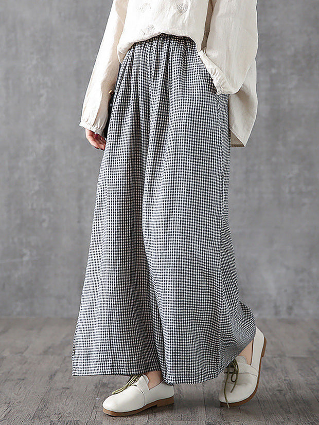 Plus Size- Buykud Hand-Made Plaid Linen  Wide Leg Pants