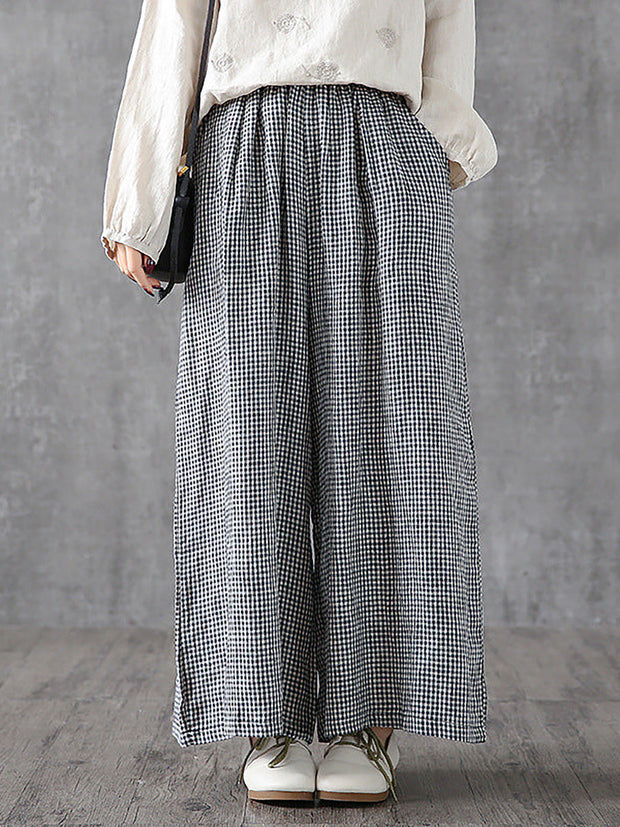 Plus Size- Buykud Hand-Made Plaid Linen  Wide Leg Pants