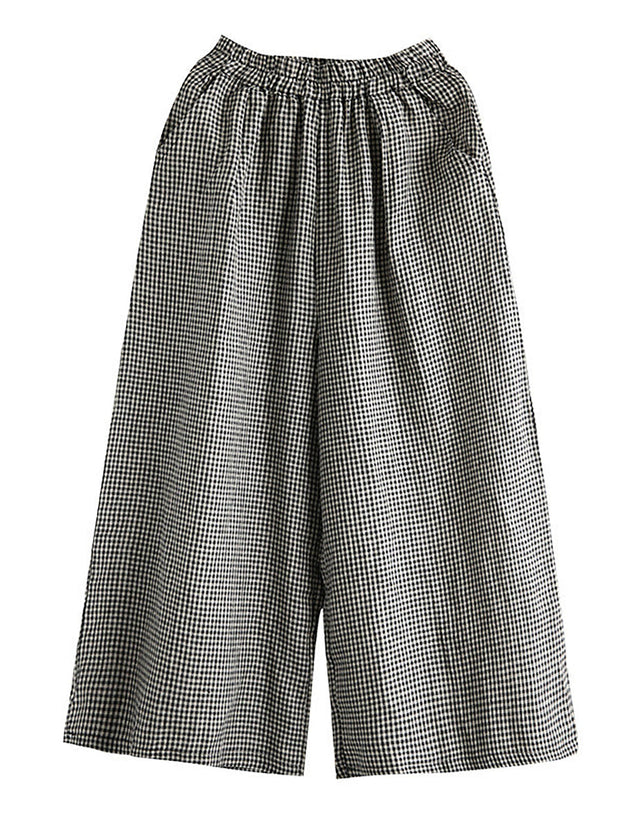 Plus Size- Buykud Hand-Made Plaid Linen  Wide Leg Pants