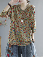 Plus Size - Floral Spring Knitted Casual Print Pocket Sweater