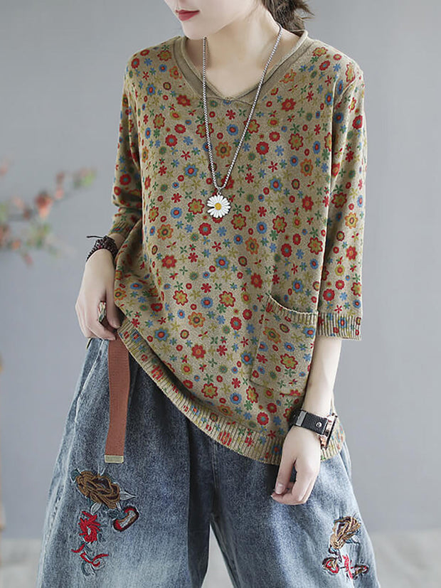 Plus Size - Floral Spring Knitted Casual Print Pocket Sweater