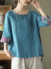 Plus Size Women Linen Vintage Embroidered T-shirt