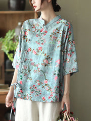 Plus size - Cotton Linen Floral Irregular Vintage Shirt
