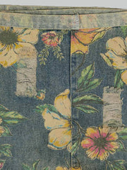 Plus Size - Flower Print Casual Denim Cotton Jumpsuit Dungarees